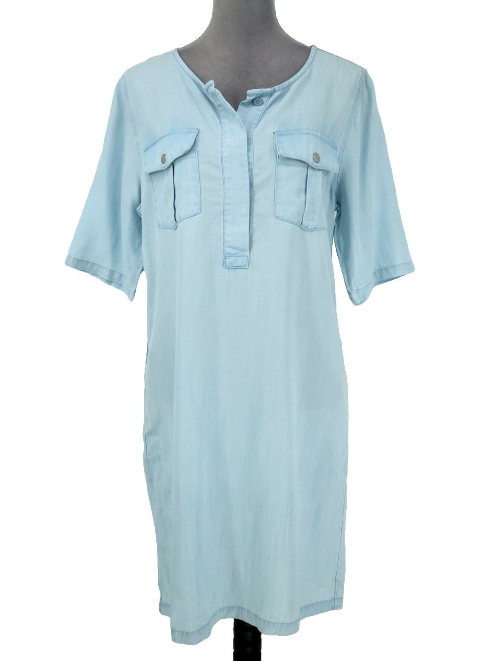 Chicos Dress 1 Womens Medium 8 Light Blue Chambray Shift Cargo Utility Coastal